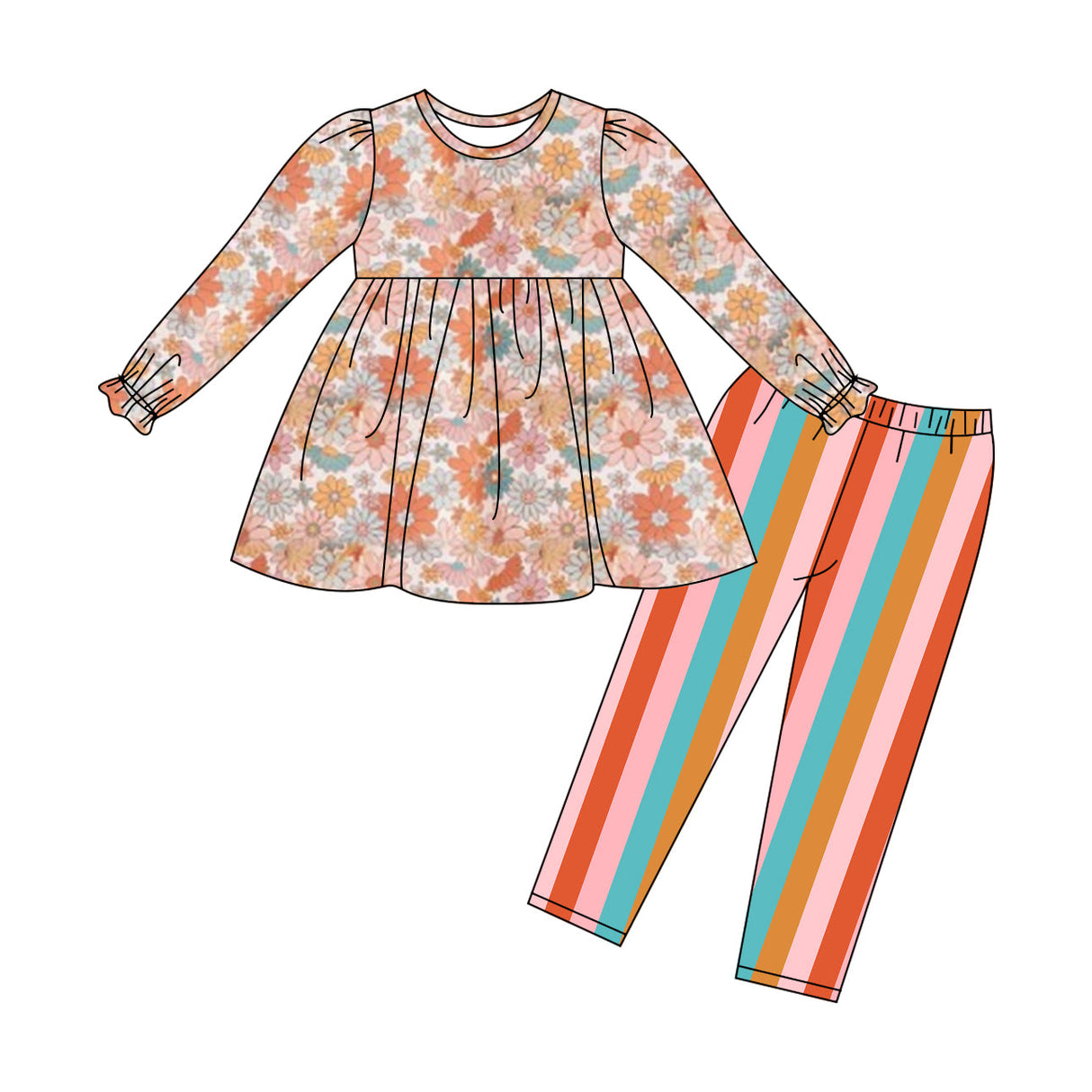 Long sleeves floral tunic colorful stripe leggings girls clothes