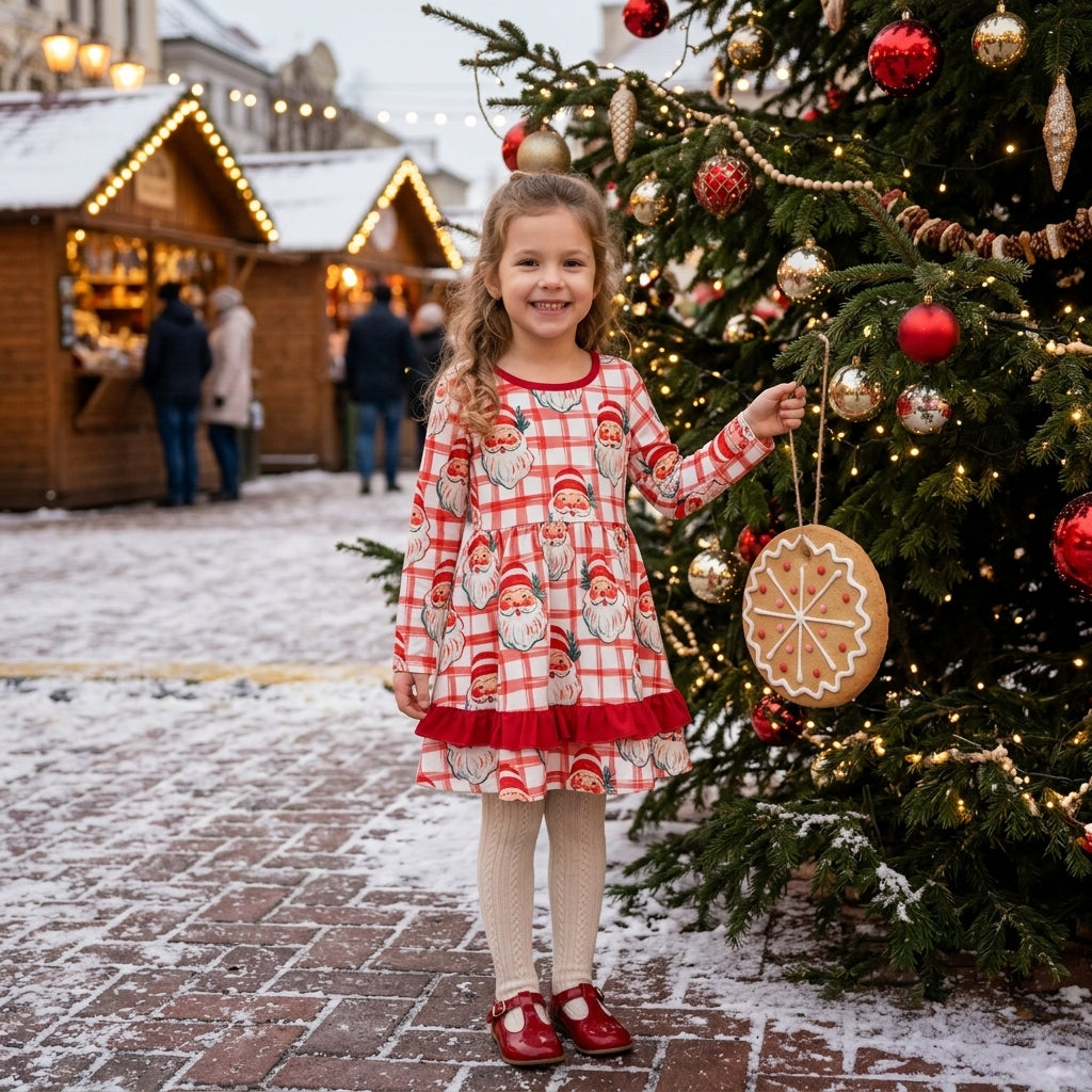 Red ruffle santa kids girls Christmas dresses