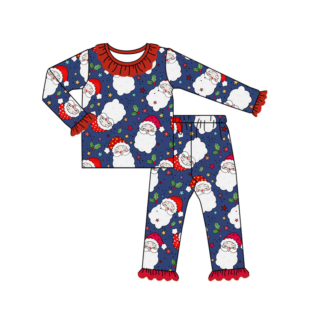 Long sleeves ruffle blue santa kids girls Christmas pajamas