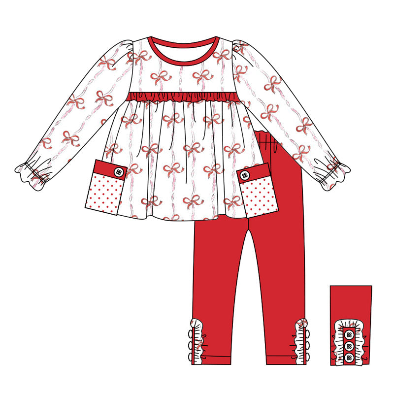 Long sleeves bow tunic red leggings girls clothing set