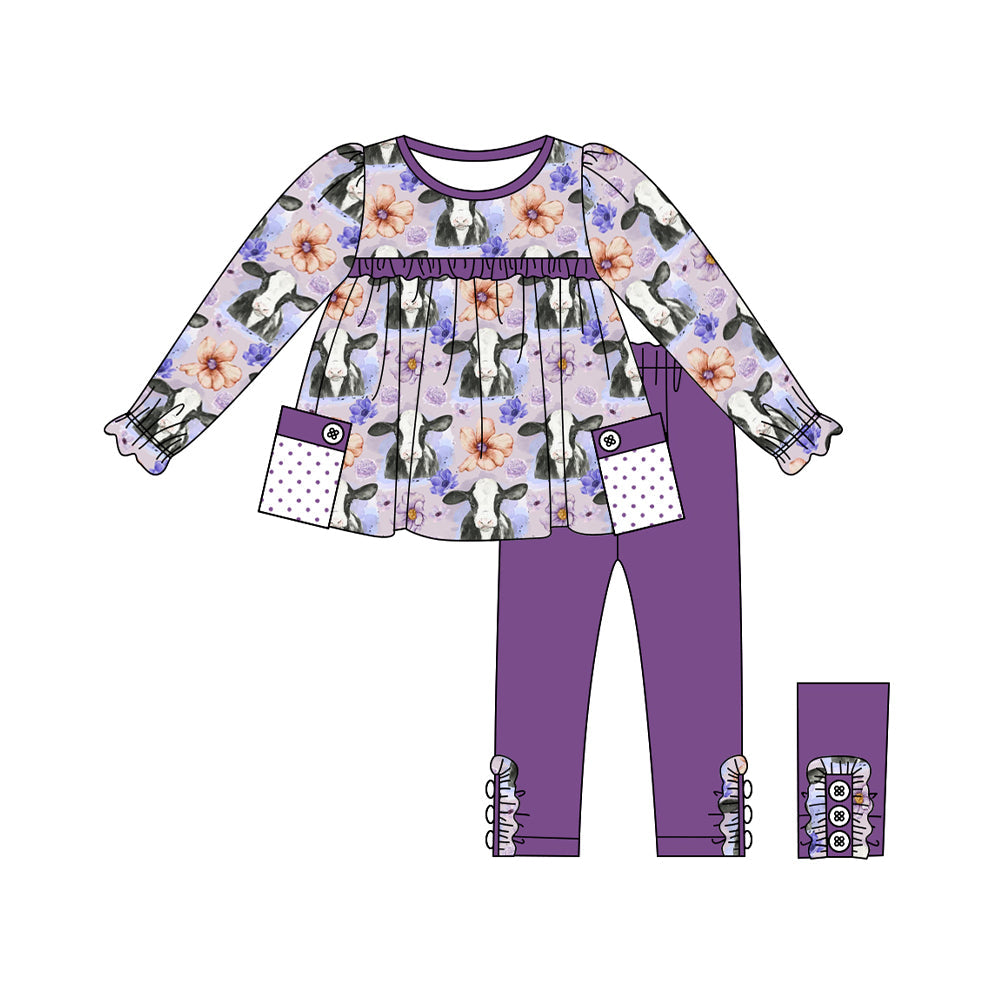 Purple floral cows pockets tunic leggings girls clothes