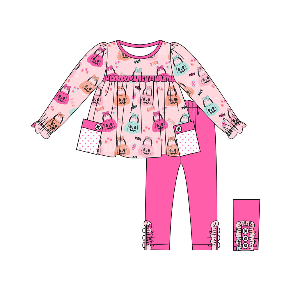 Pumpkin basket tunic hot pink leggings girls Halloween clothes