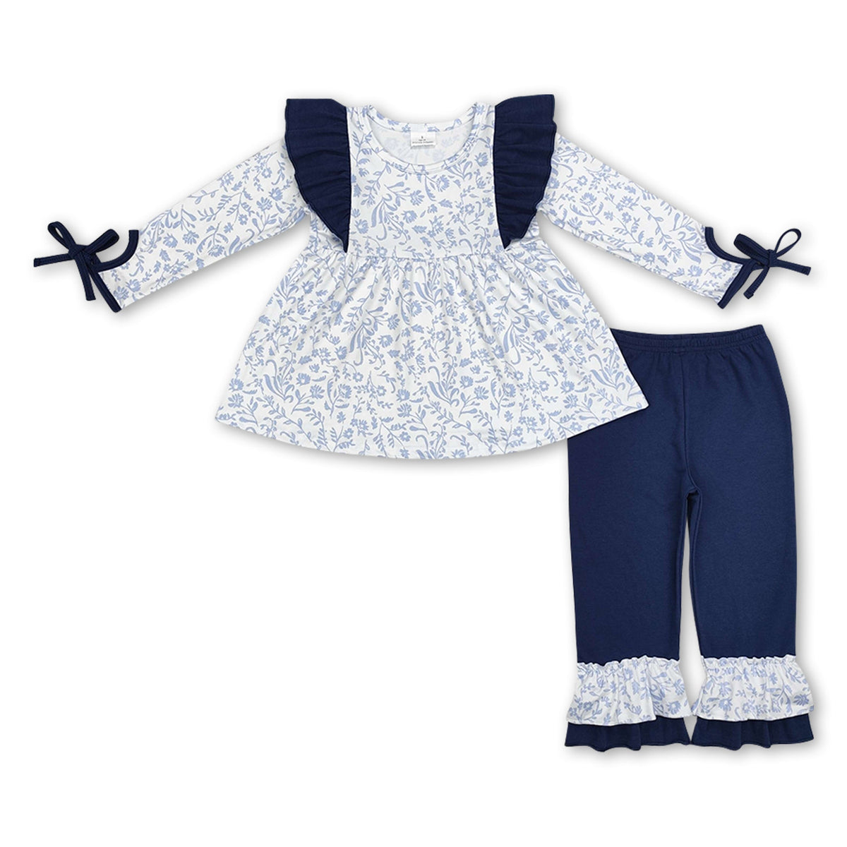 Spring and Autumn Girls Floral Pattern Long Sleeves Pullover and Blue Pants Clothing Set main image 1