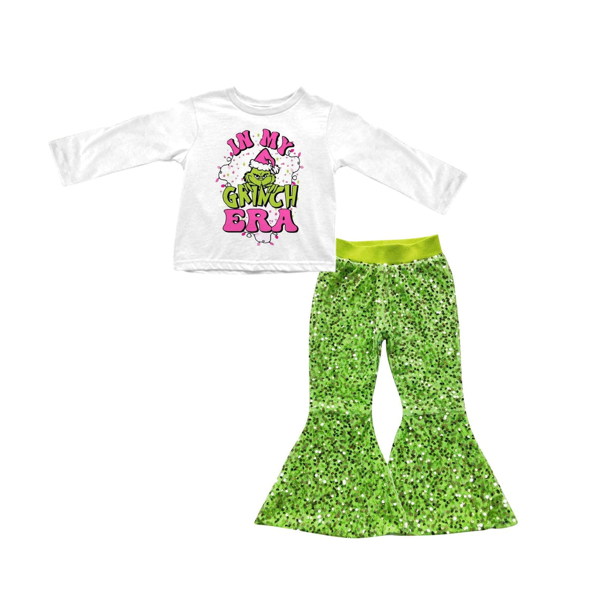 Green face era top sequin pants girls Christmas outfits