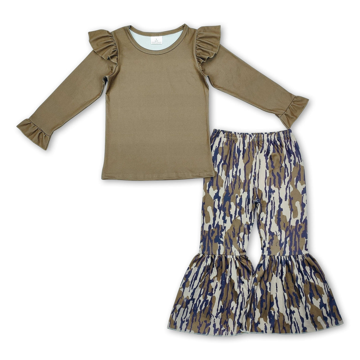 Ruffle olive top camo bell bottom pants girls clothes