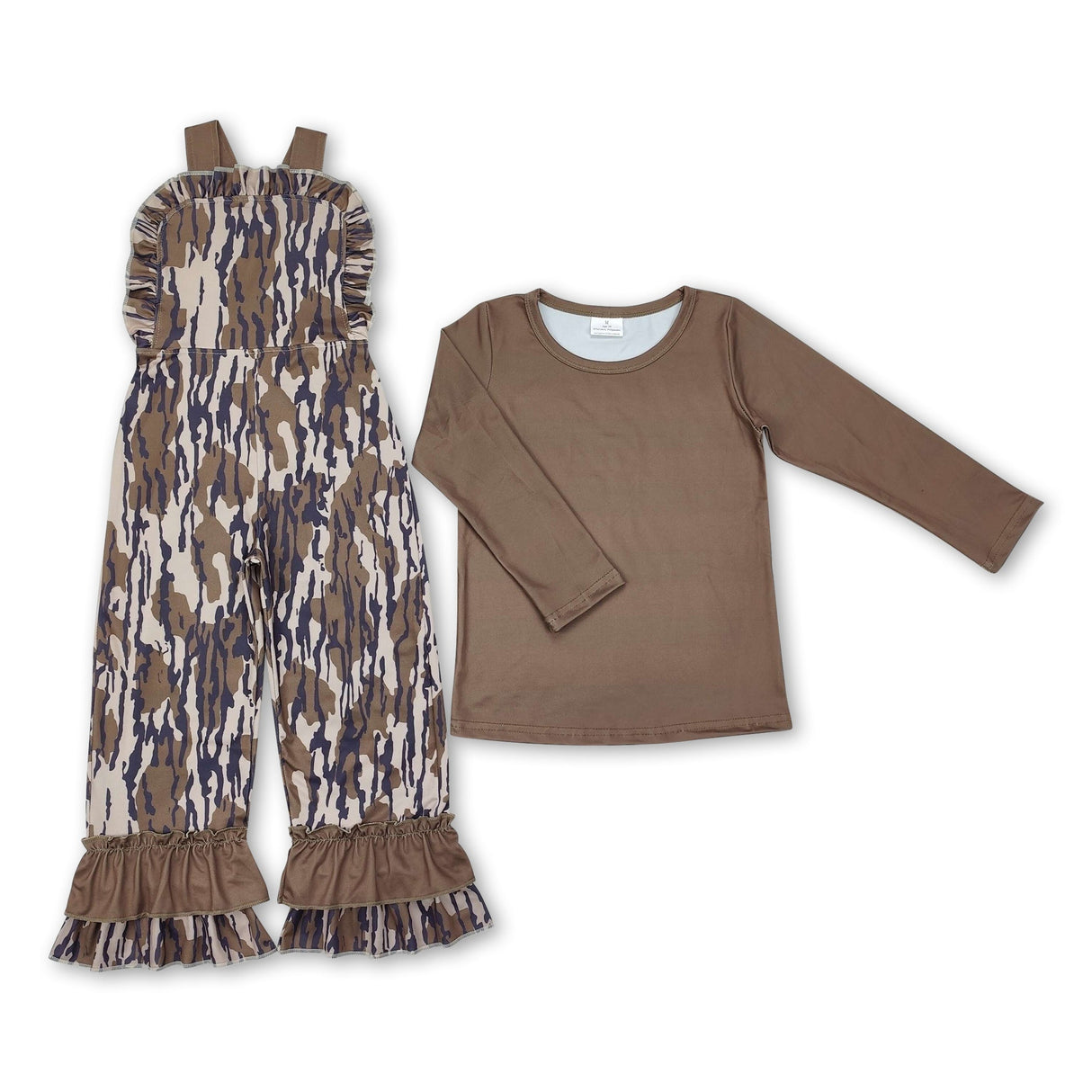 Long sleeves top camo ruffle overalls girls clothing