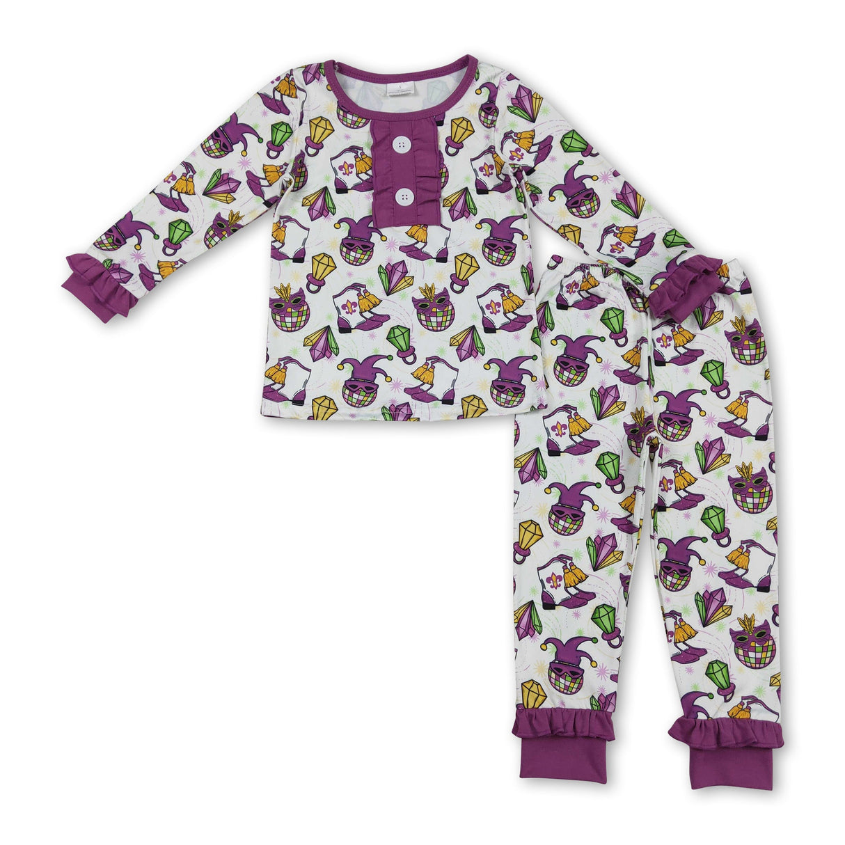Purple long sleeves kids girls mardi gras pajamas