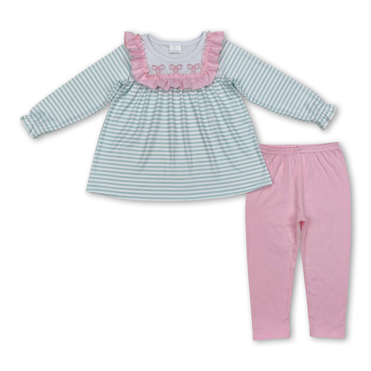 Green stripe bow tunic pink leggings girls clothing set