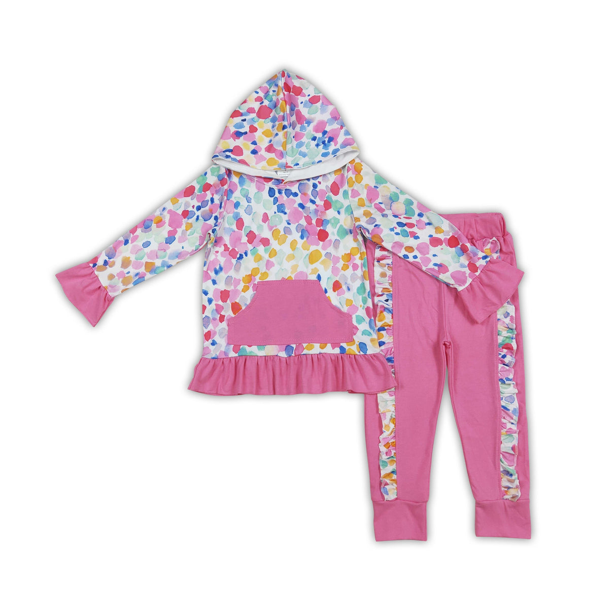 Pink pocket colorful hoodie ruffle pants girls clothes