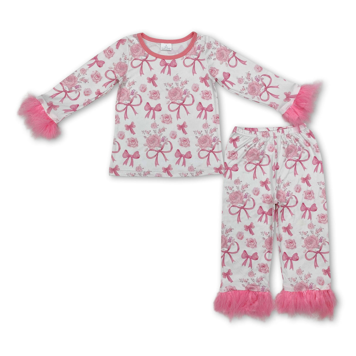 Pink bow floral fur long sleeves baby girls pajamas