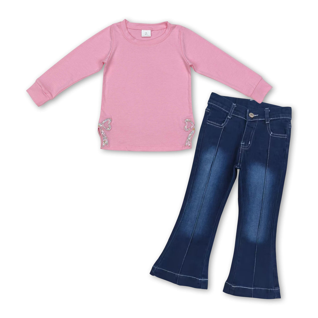 Pink floral bow embroidery top blue jeans girls clothes