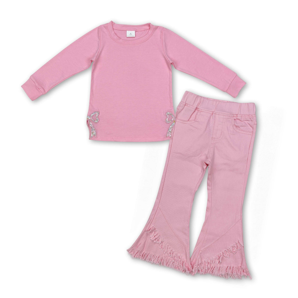 Pink floral bow embroidery top tassels jeans girls clothes