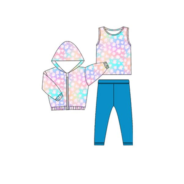 Sleeveless tie dye leopard top leggings jacket 3 pcs girls clothes
