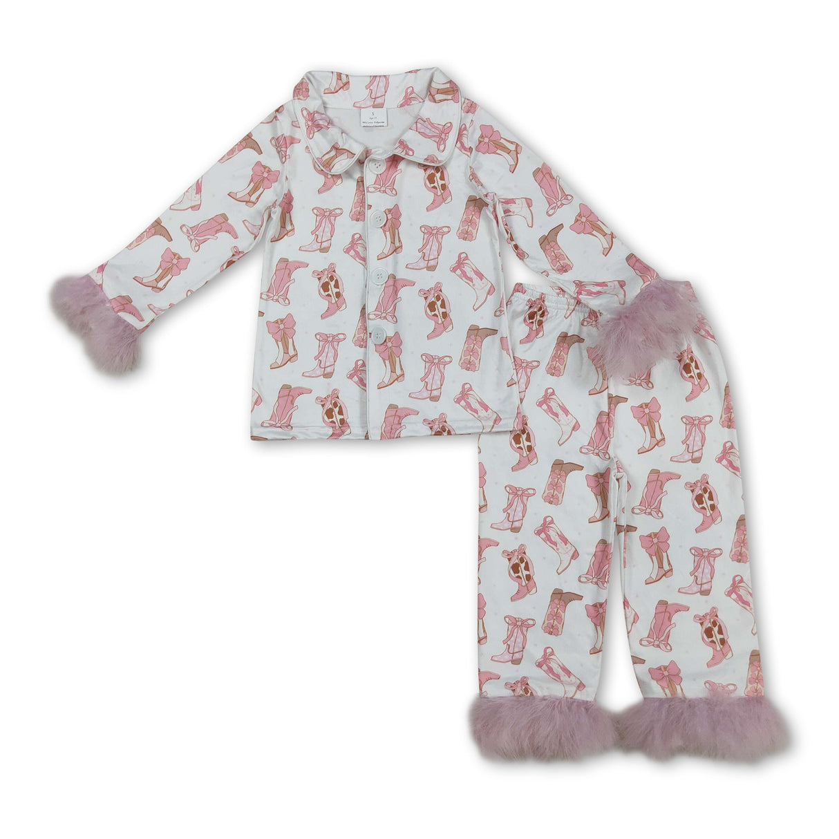 Pink fur long sleeves boots bow girls button down pajamas