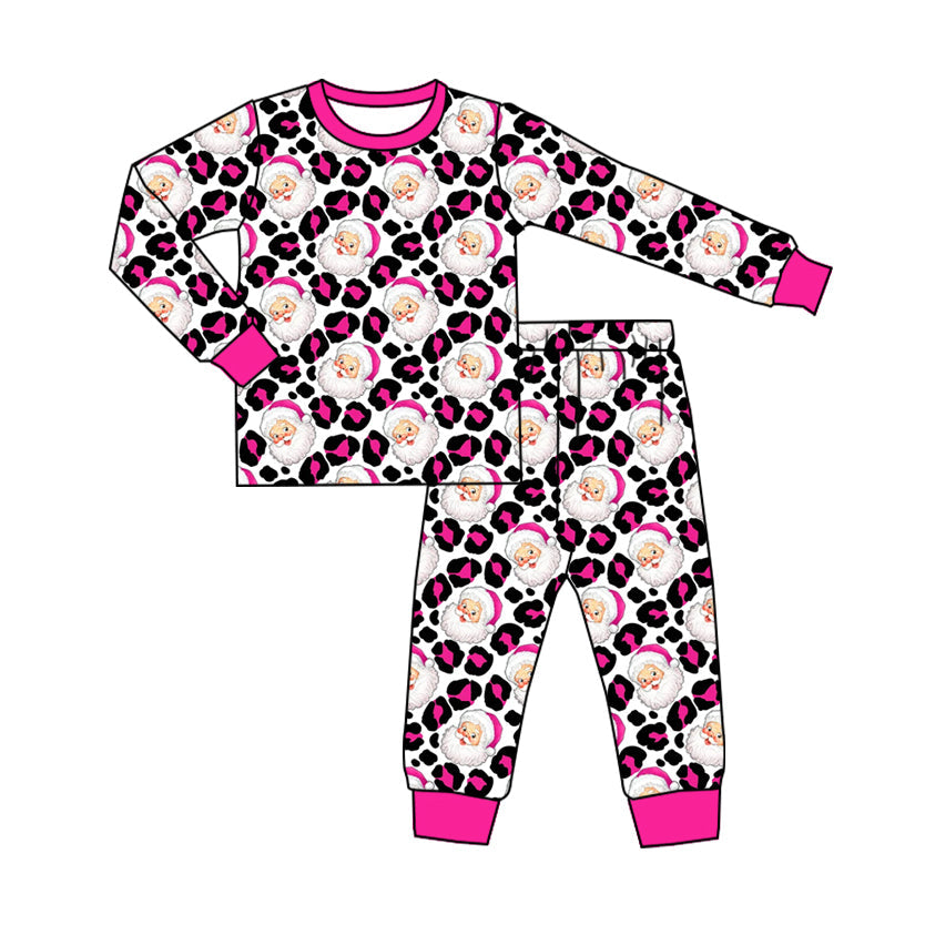 Long sleeves pink leopard santa kids girls Christmas pajamas