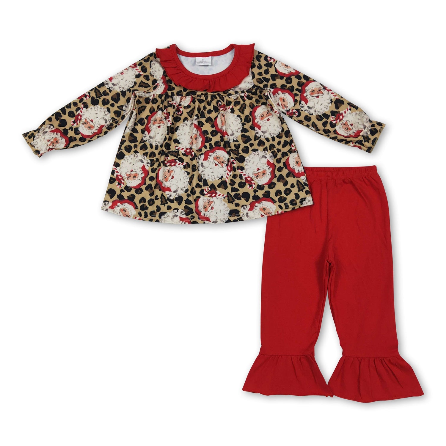 Red ruffle leopard santa tunic pants girls Christmas clothes