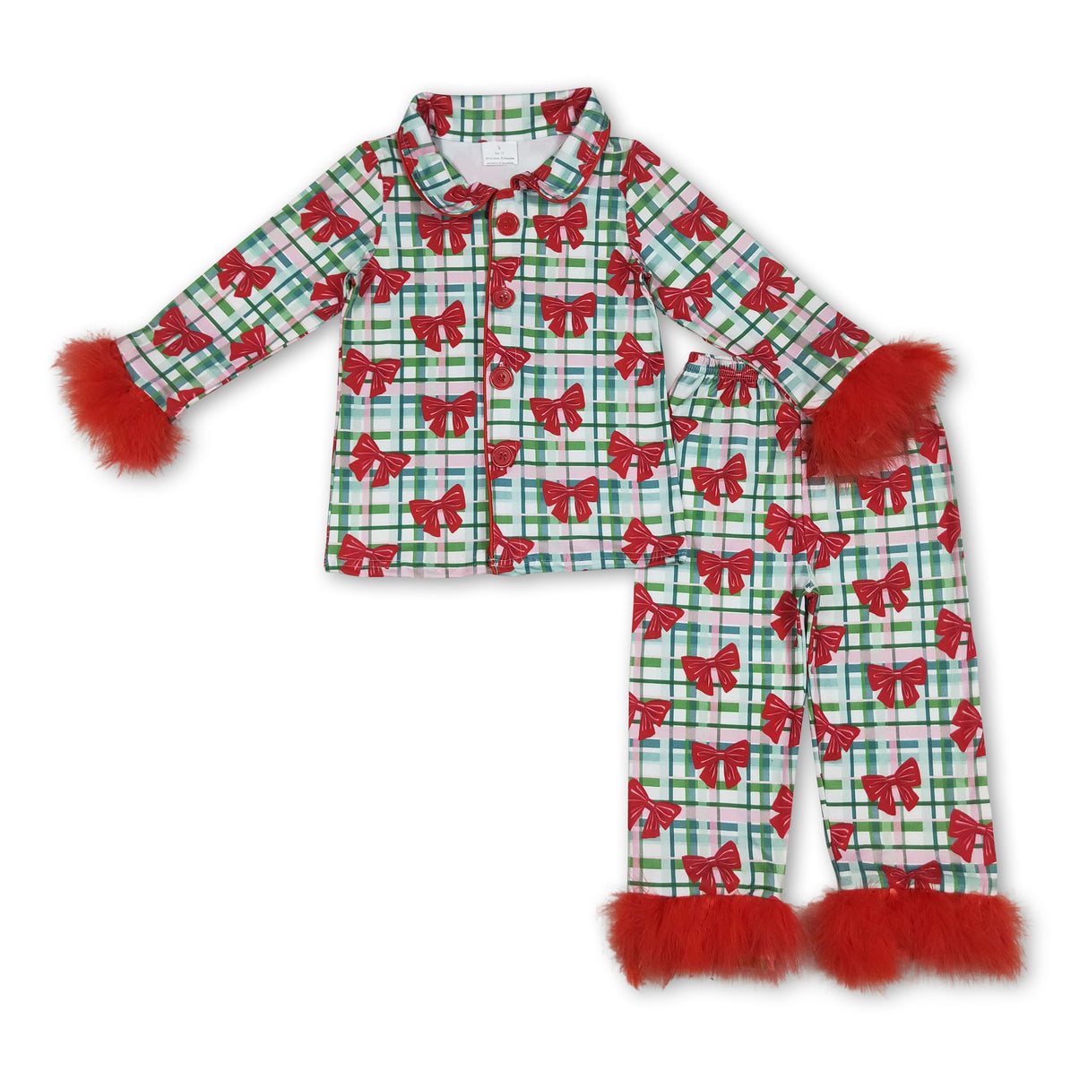Red fur green plaid bow girls Christmas button down pajamas