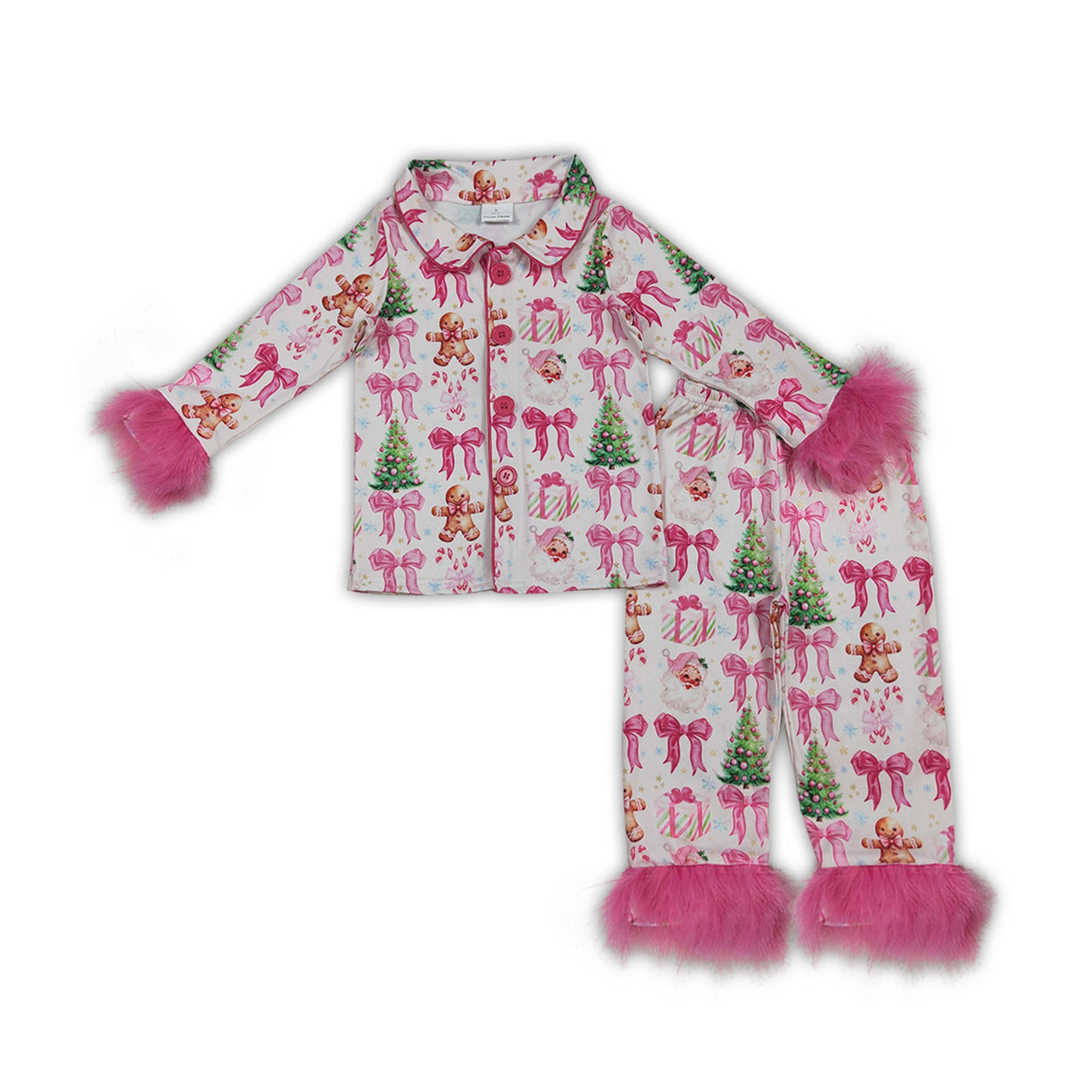 Gingerbread bow Christmas tree girls fur button down pajamas