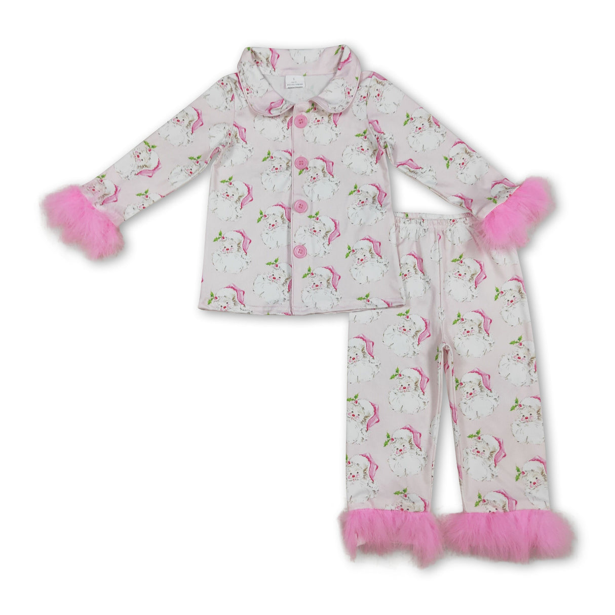 Pink fur santa kids girls Christmas button down pajamas