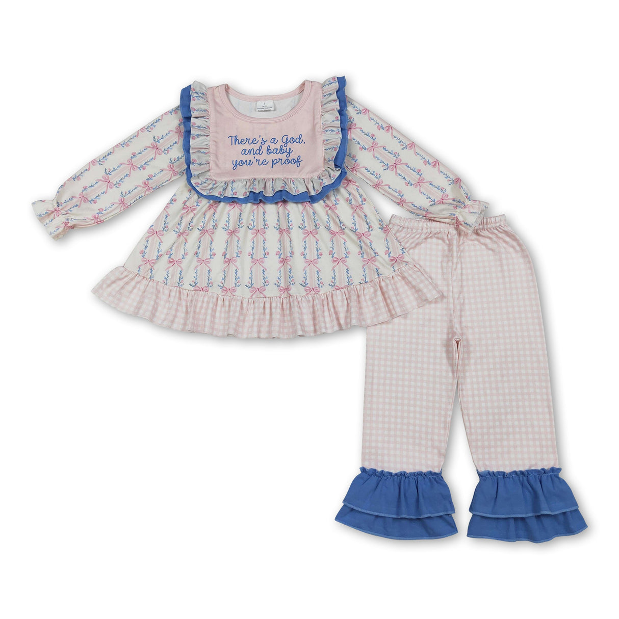 Long sleeves floral bow tunic plaid pants girls clothing