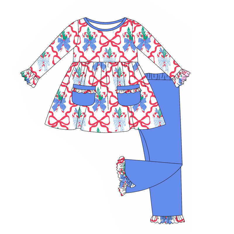 Long sleeves blue pockets bow tunic leggings girls clothes
