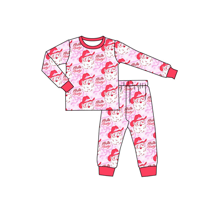 Long sleeves pink bow santa western girls Christmas pajamas