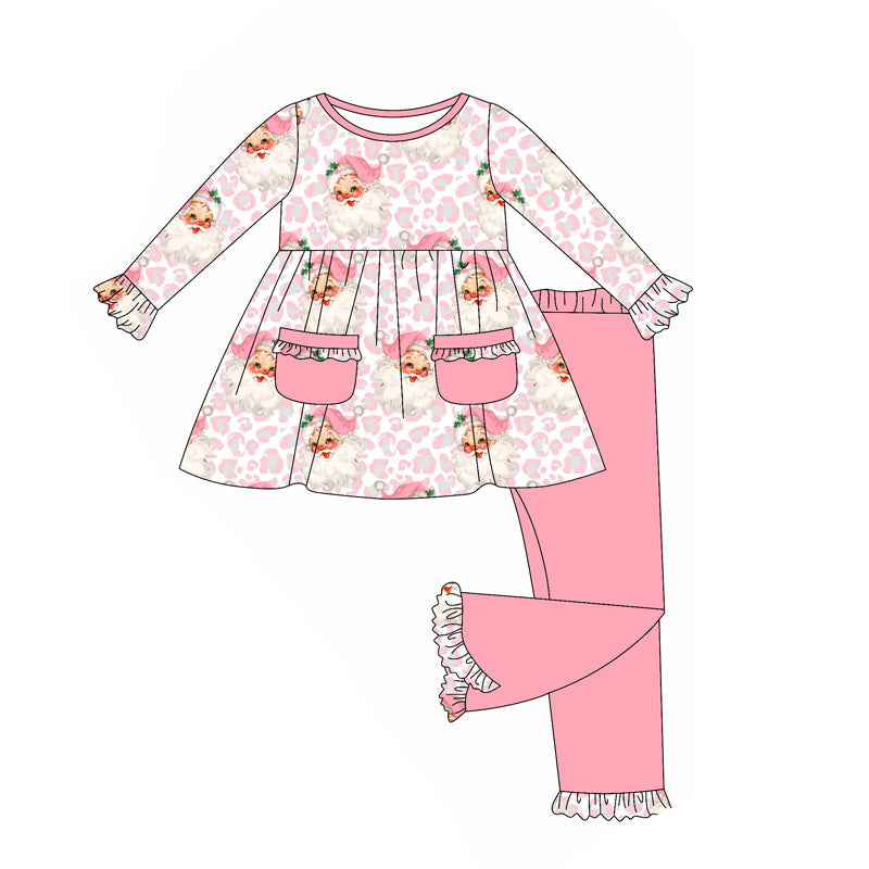 Long sleeves pink pockets leopard santa girls Christmas clothes