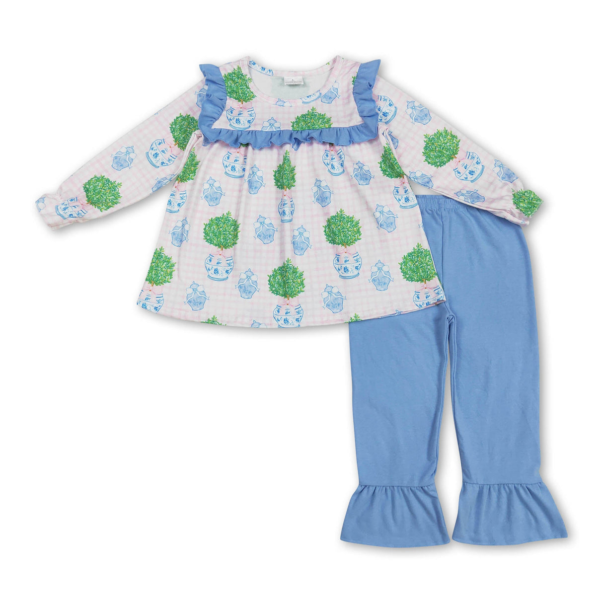 Pink plaid blue bow ruffle tunic pants girls clothes