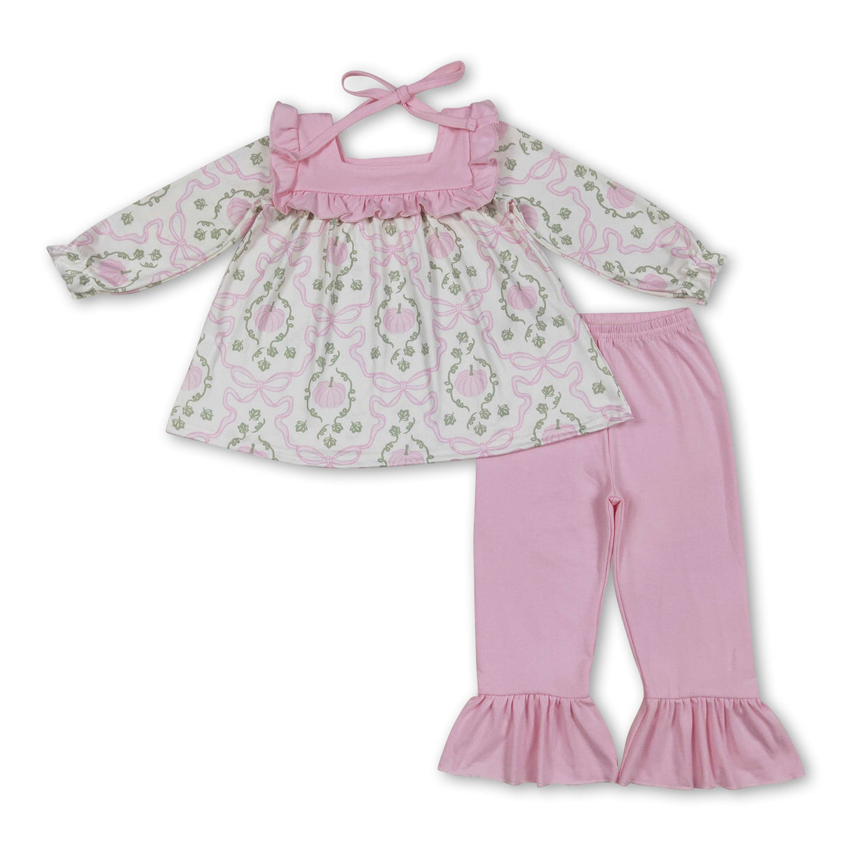 Pink pumpkin bow tunic ruffle pants girls fall clothes