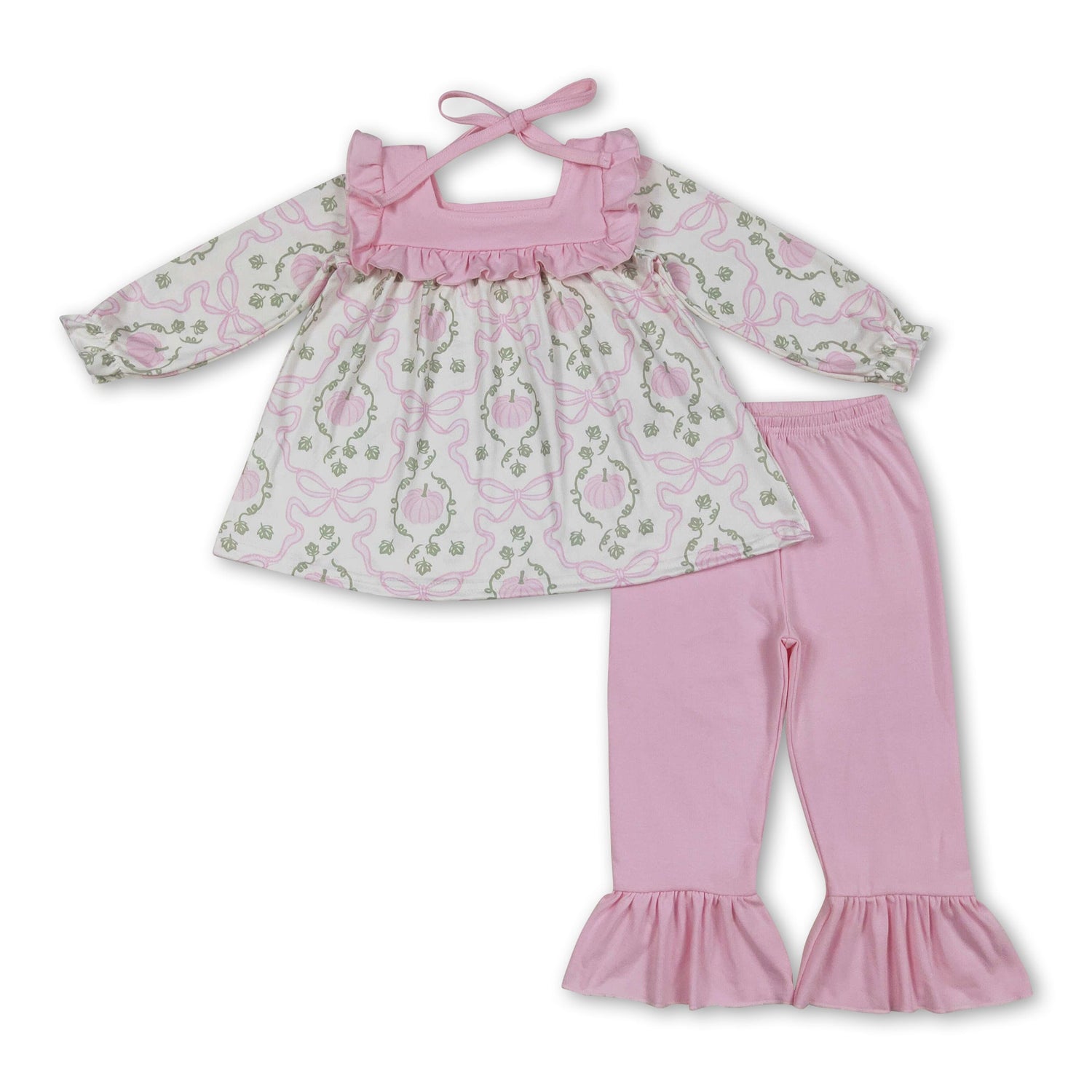Pink pumpkin bow tunic ruffle pants girls fall clothes