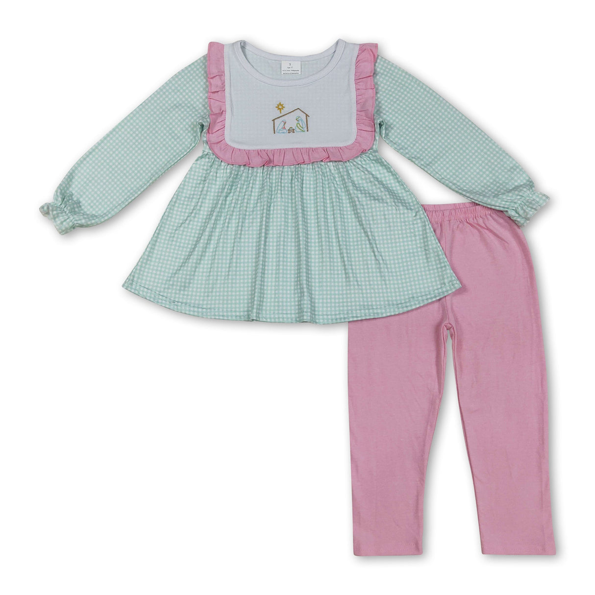 Long sleeves plaid tunic leggings nativity girls Christmas set