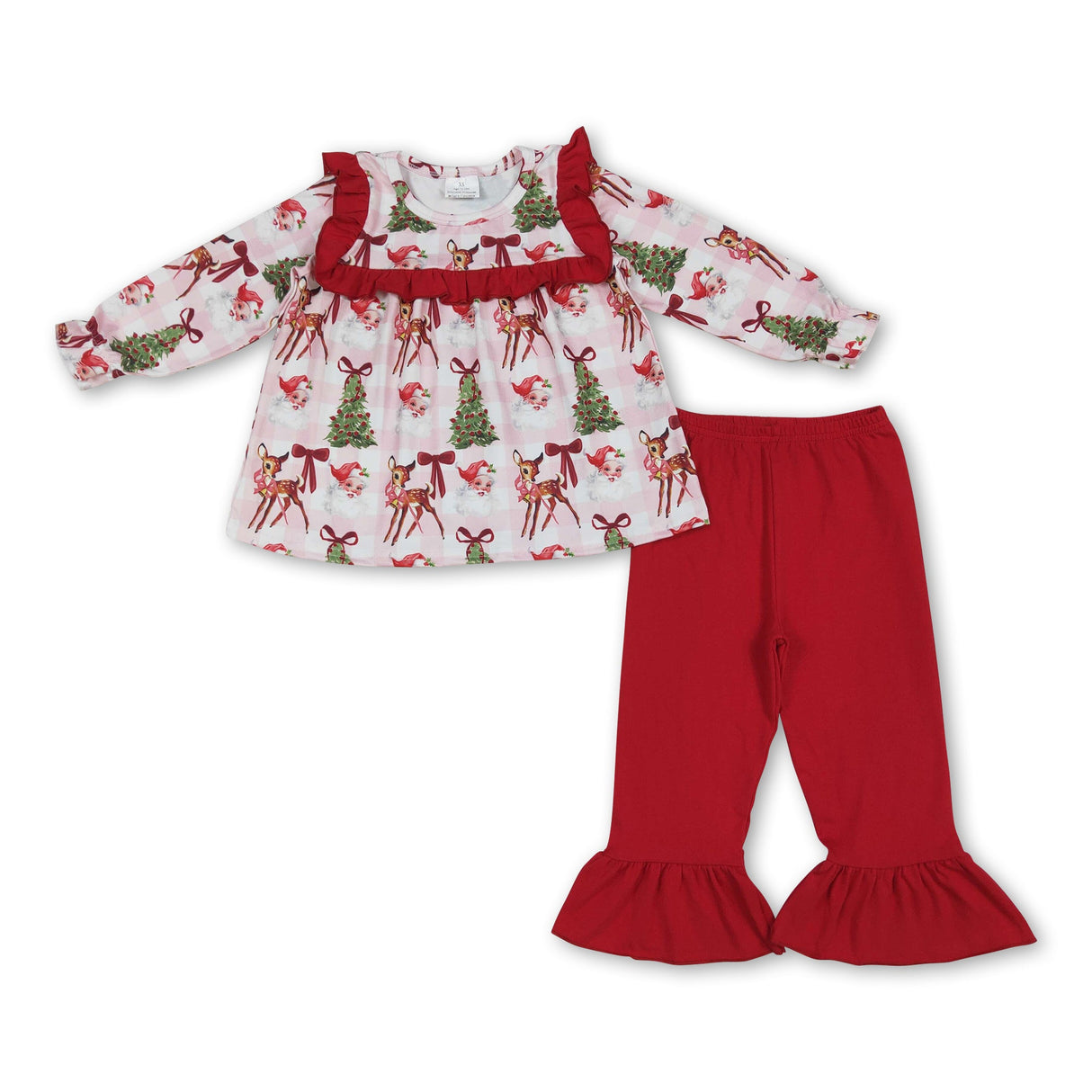 Plaid Christmas tree bow santa tunic pants girls clothes