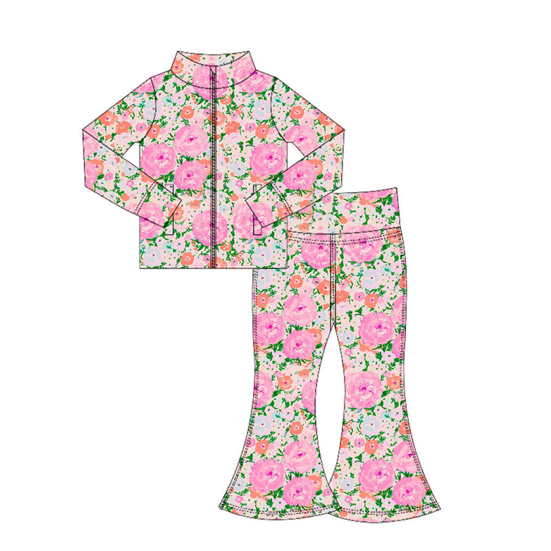 Long sleeves pink floral zip jacket pants girls yoga clothing