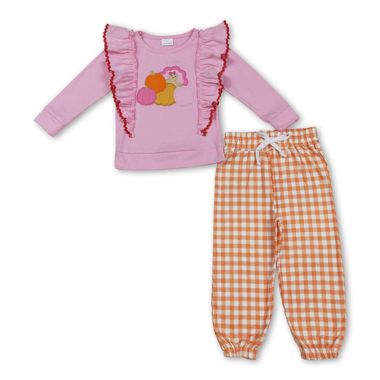 Pink pumpkin turkey top plaid pants girls Thanksgiving clothes