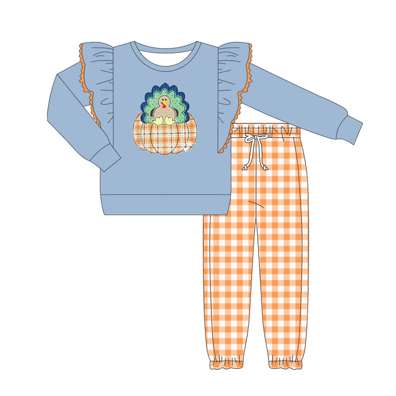 Turkey pumpkin top plaid pants girls Thanksgiving clothing