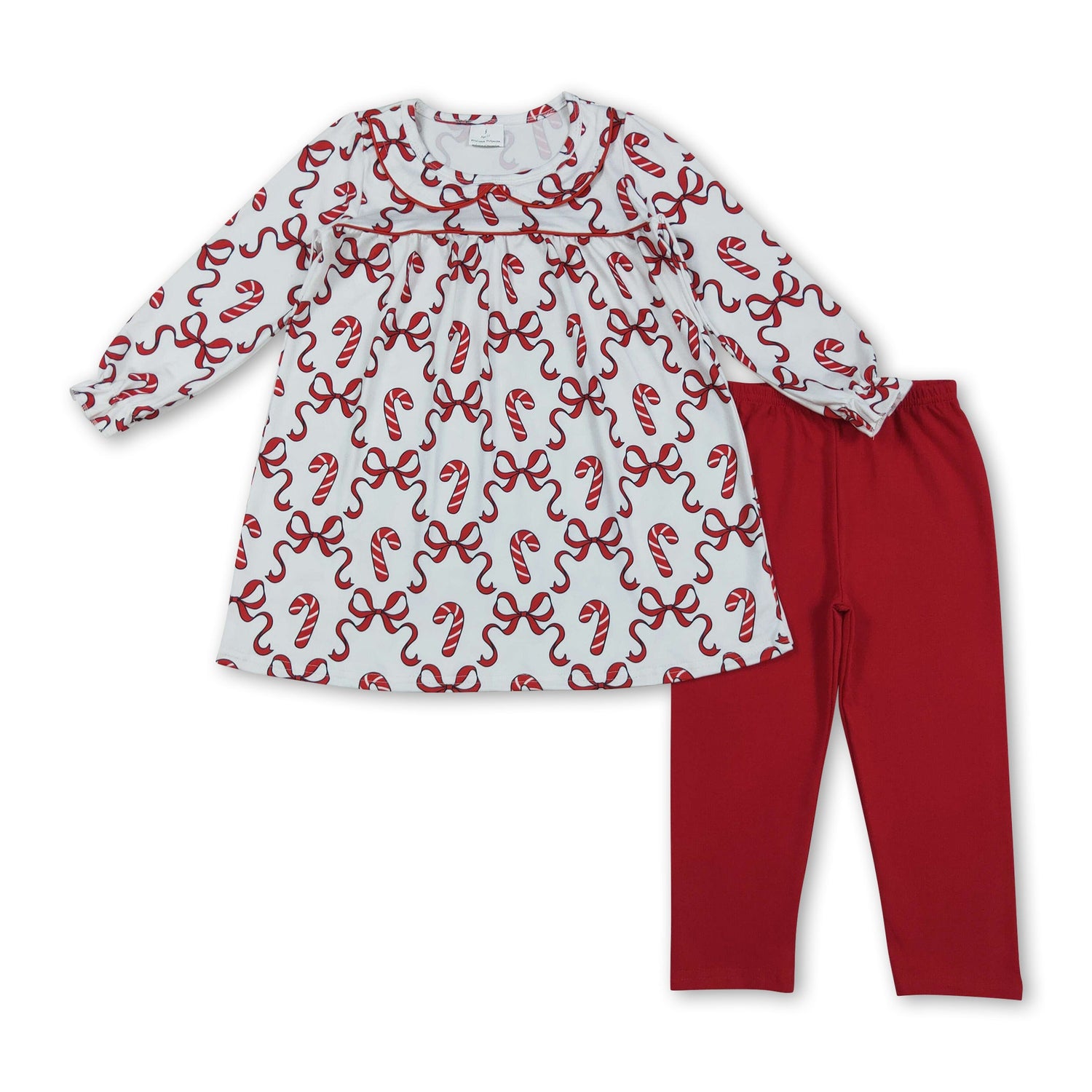 Long sleeves bow candy cane tunic leggings girls Christmas set