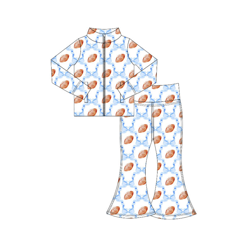 Blue bow football zip jacket pants girls yoga clothes