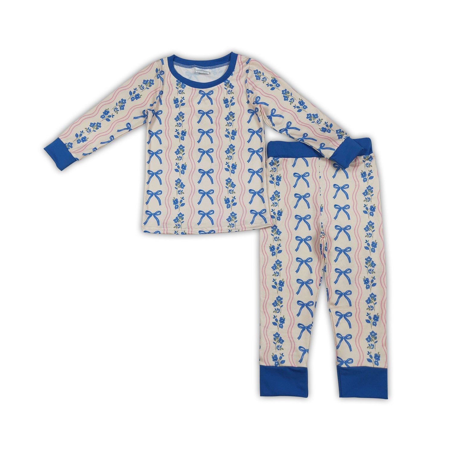 Long sleeves blue bow floral kids girls pajamas