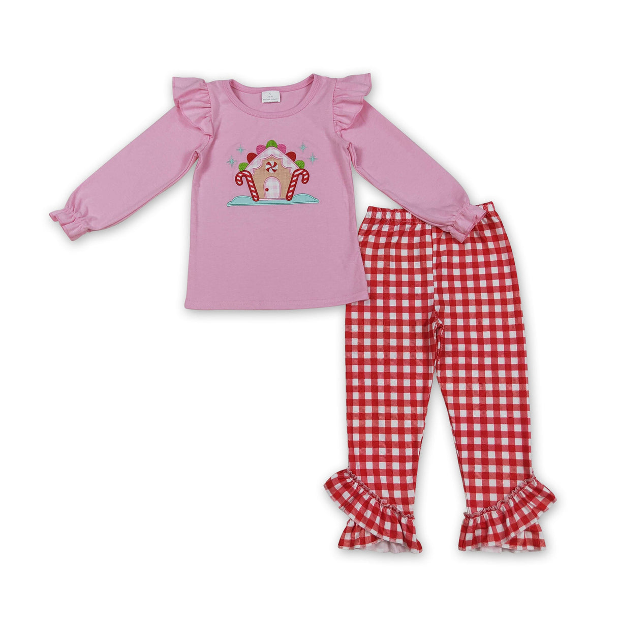 Pink candy cane house top plaid pants girls Christmas clothes