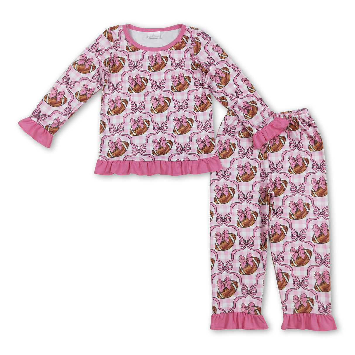 Pink ruffle long sleeves plaid bow football kids girls pajamas