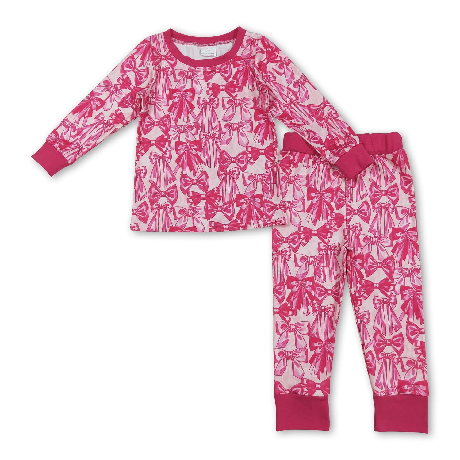 Hot pink bow long sleeves top pants kids girls pajamas