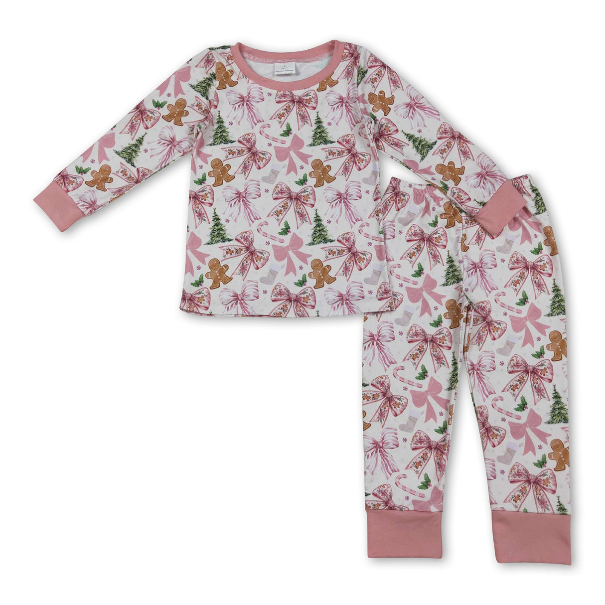 Pink long sleeves bow gingerbread girls Christmas pajamas