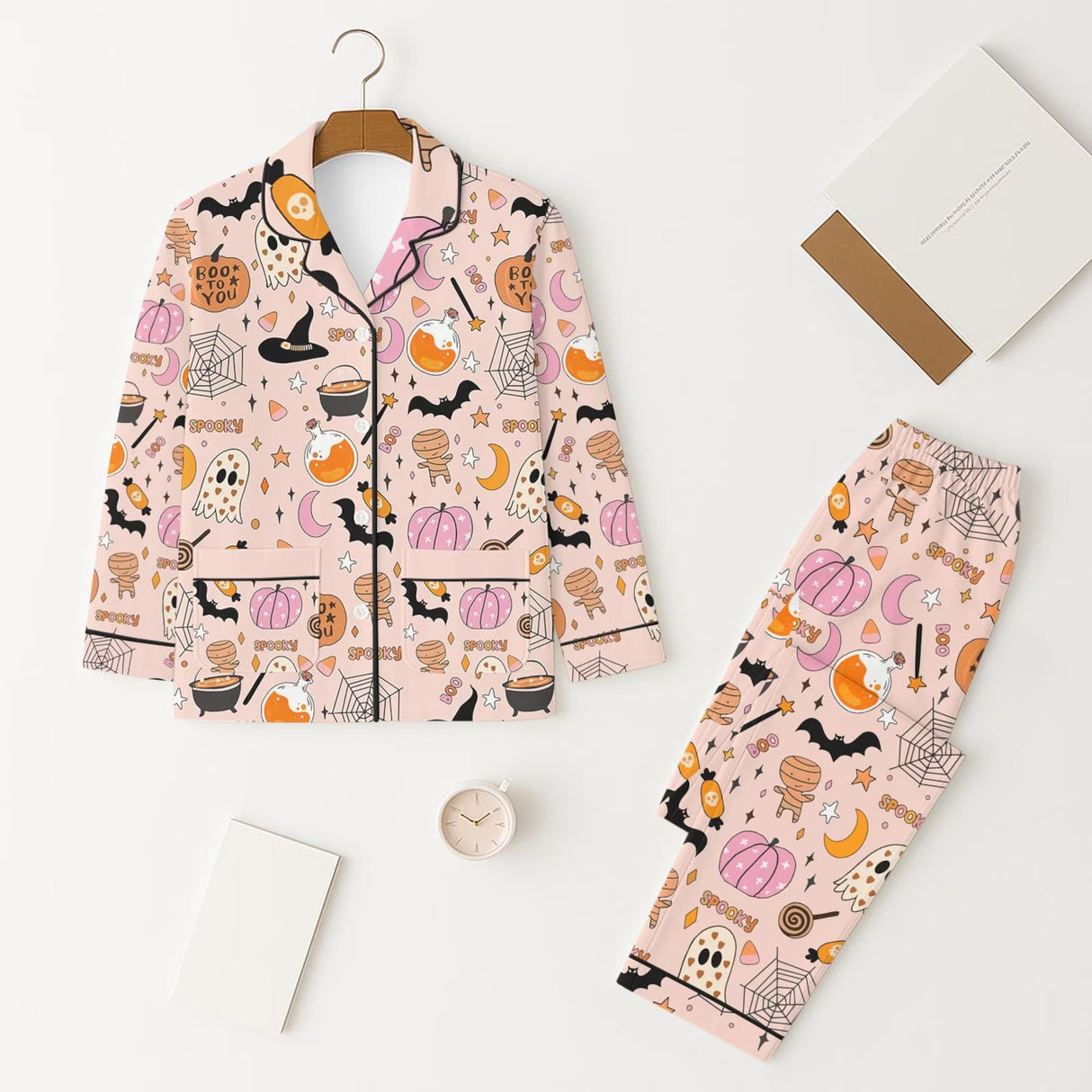 Ghost pumpkin bat kids girls Halloween button down pajamas