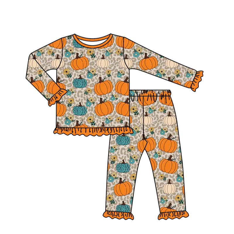 Long sleeves ruffle pumpkin leopard girls fall pajamas
