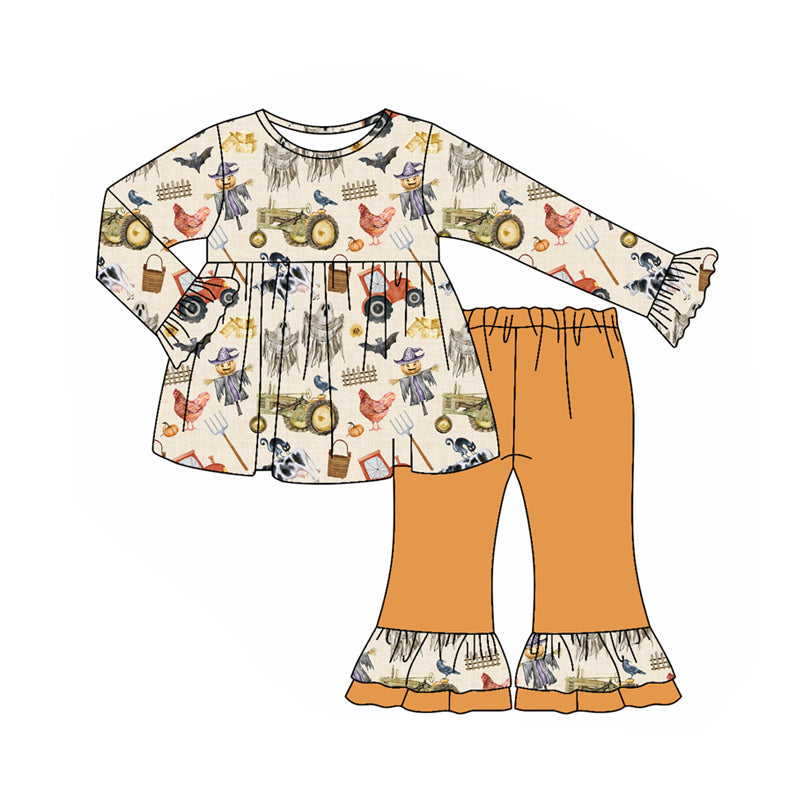 Bat pumpkin scarecrow farm tunic pants girls Halloween set