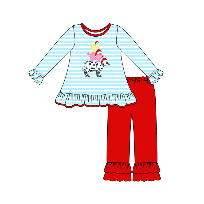 Stripe chicken pig cow Christmas hat top pants girls clothes