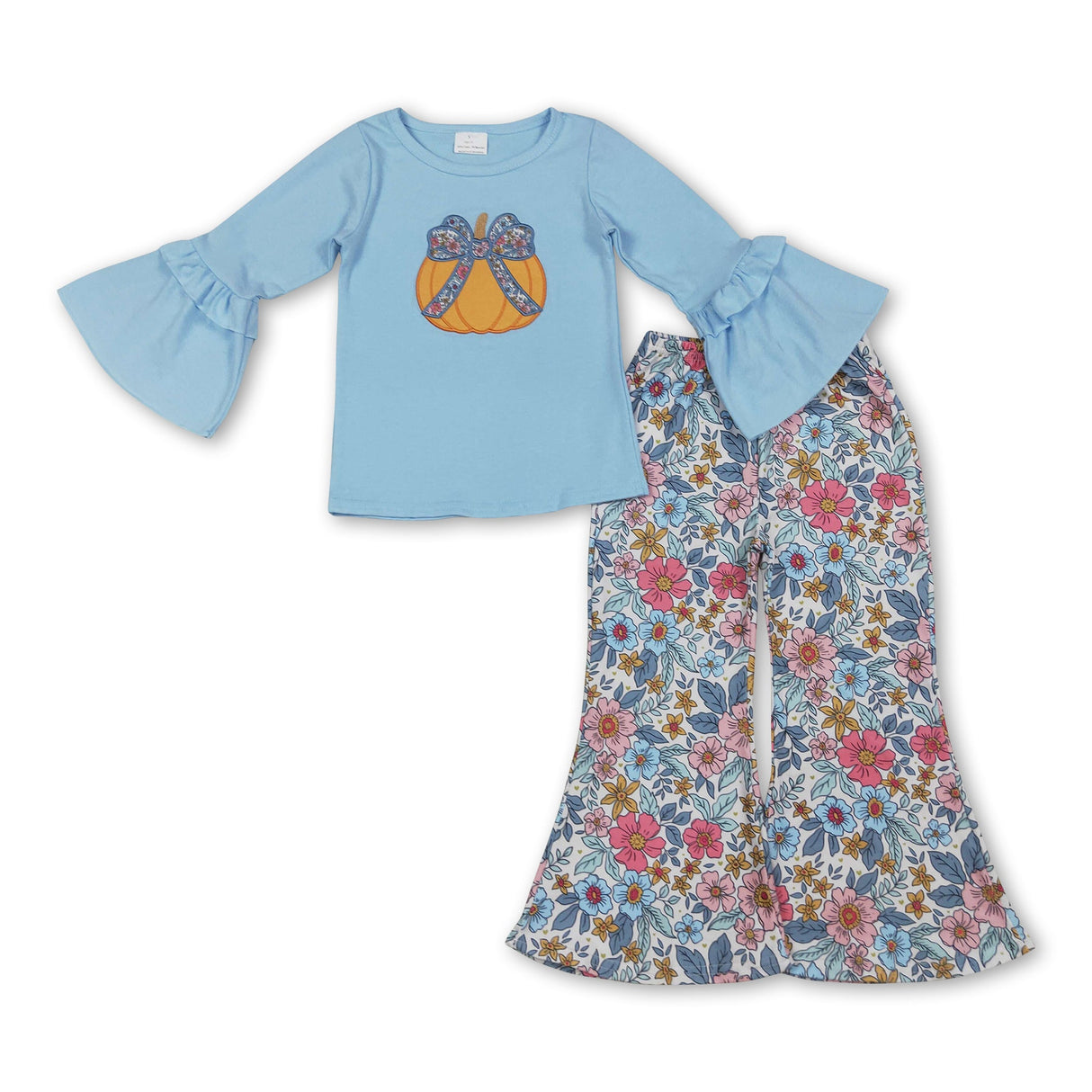 Long sleeves floral bow pumpkin top pants girls fall clothes