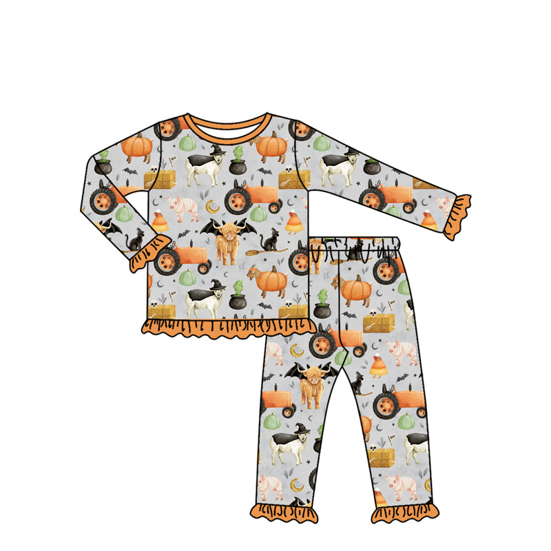 Long sleeves pumpkin cow tractor farm girls pajamas
