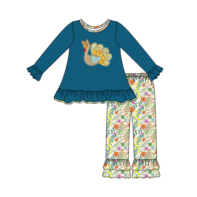 Turkey top floral ruffle pants girls Thanksgiving clothes