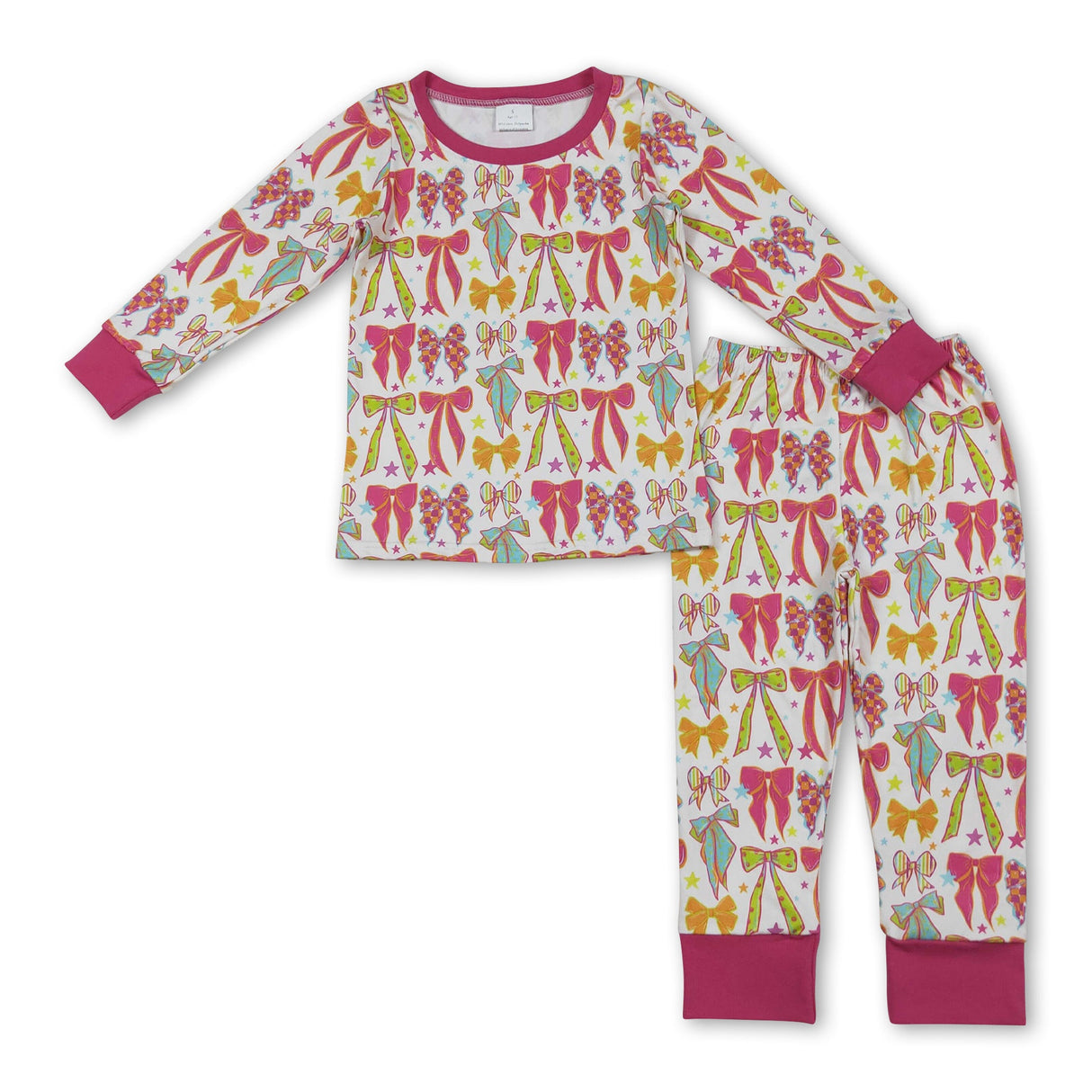Long sleeves colorful bow top pants kids girls pajamas